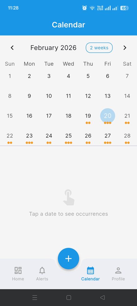 Calendar view of upcoming pill, bill and subscription reminders