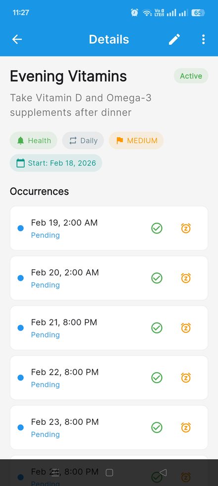 Reminder detail screen with schedule, category and amount