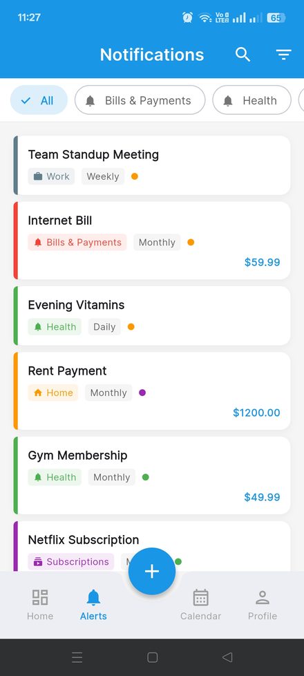 List of active medication, bill and subscription reminders