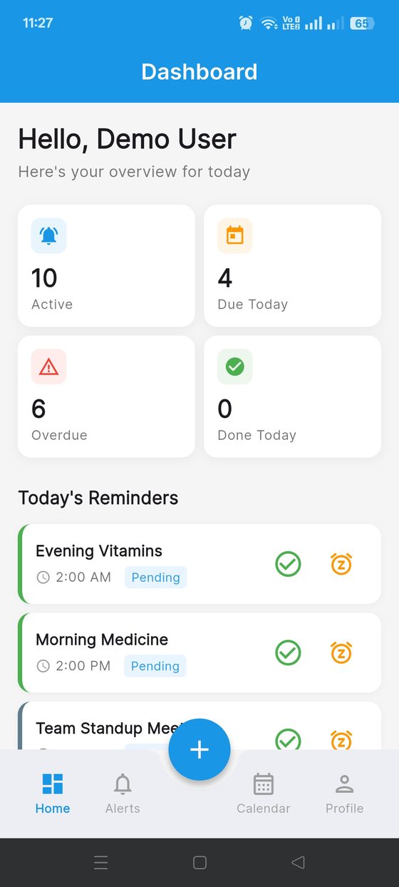 Remindr dashboard showing today's free medication and bill reminders